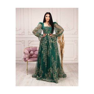 Matik Evening Dress Special Mop Patterned Printed Square Decollete Sleeves 84100